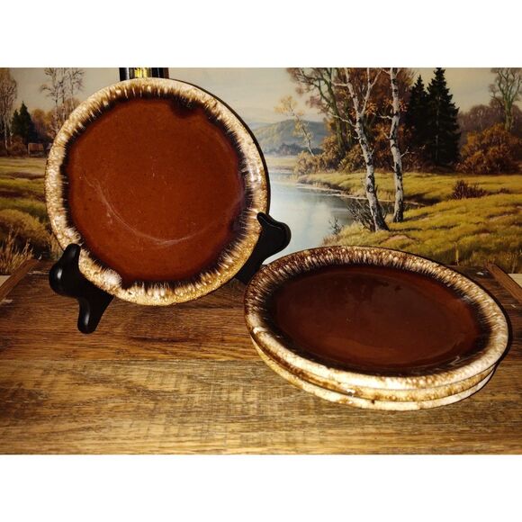 Vintage Hull Oven Proff USA Brown Drip Salad Plates - Set of 4 Great Condition! - Picture 1 of 10